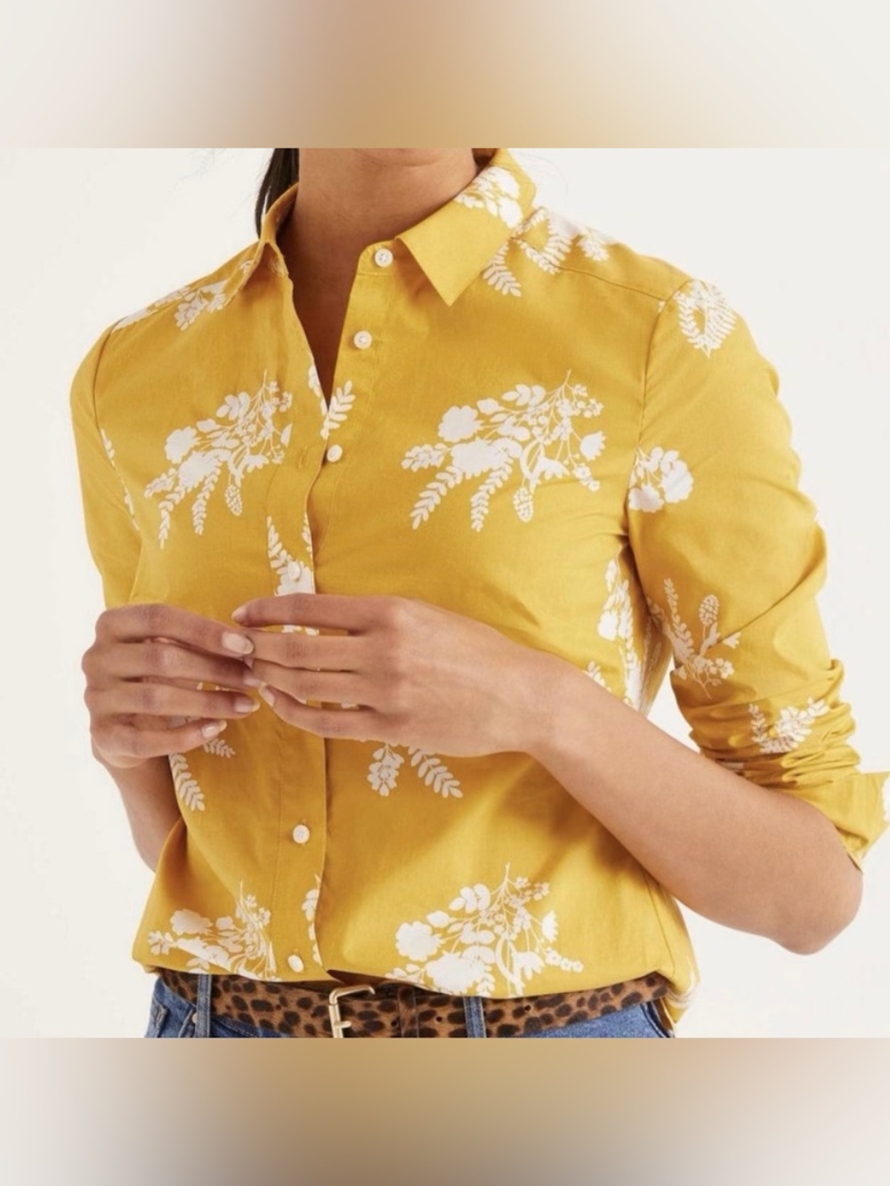 Boden Classic Women’s Mustard Floral Button-Down Oxford Shirt Size 8P - Picture 2 of 9